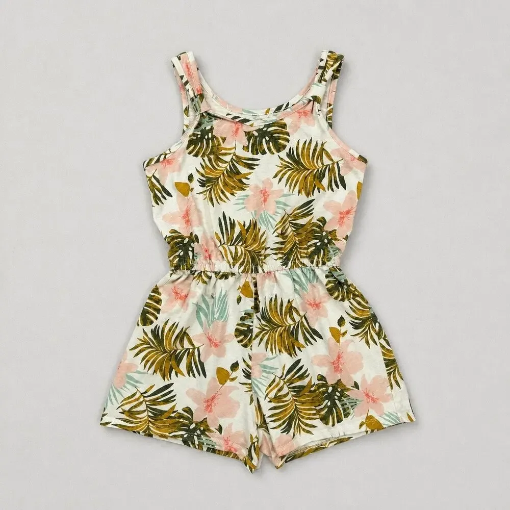 SO Girl's Cream Floral Palm Hibiscus Romper Sz L 10/12 Tropical Beachy Summer